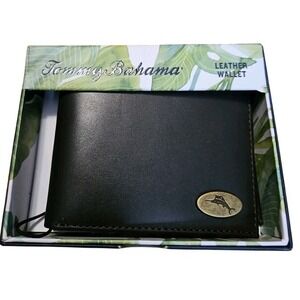 TOMMY‎ BAHAMA Brown Bifold Leather Men's Wallet ID Holder Marlin Logo in Brass